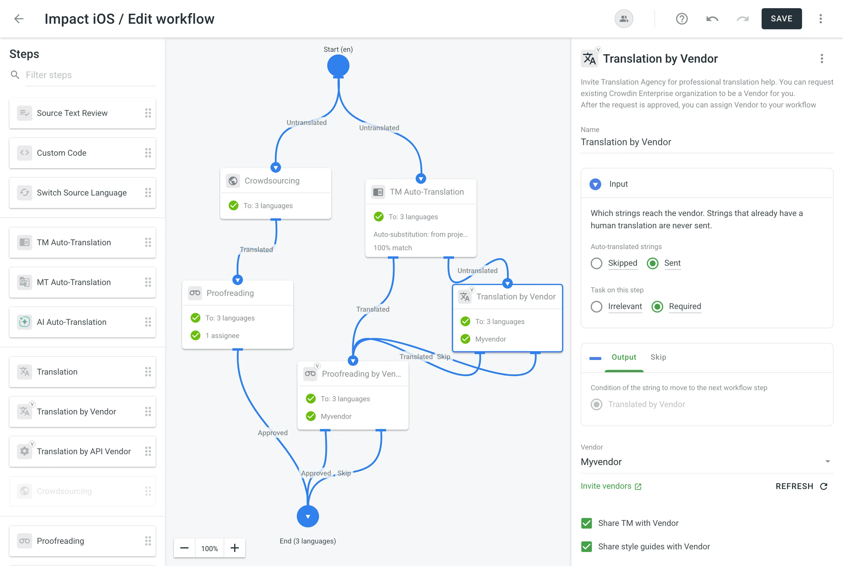 „Übersetzung durch Dienstleister“ und „Korrekturlesen durch Dienstleister“ im Workflow-Editor